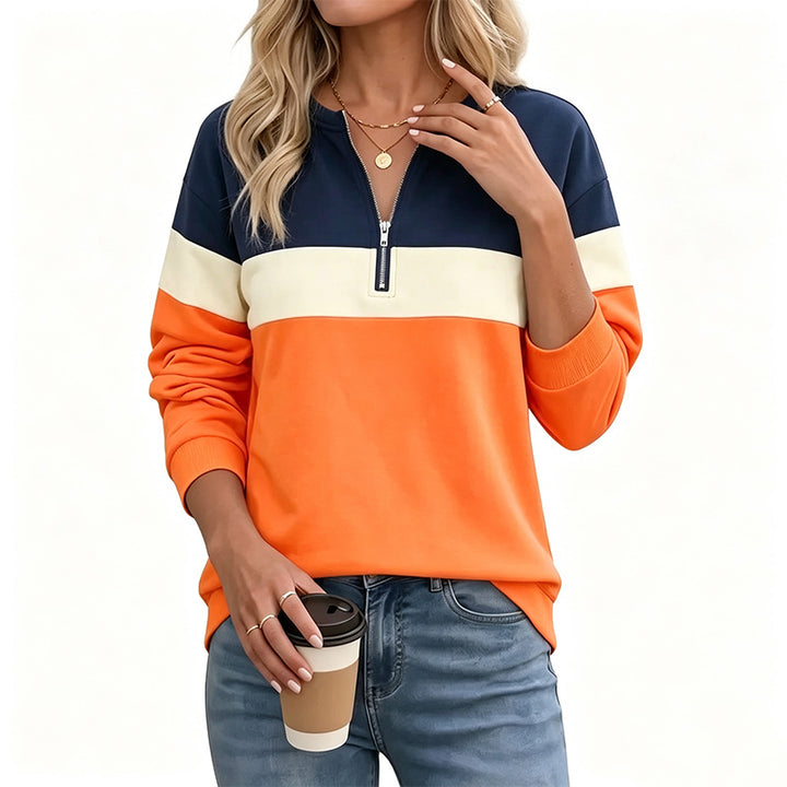Half-zip long-sleeve sweatshirt—loose fit that flatters the figure
