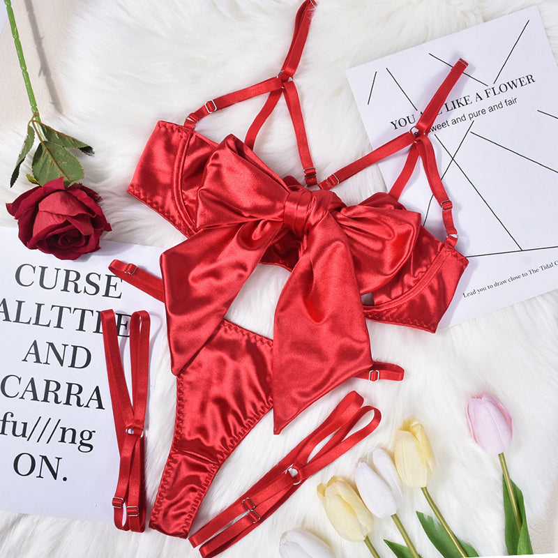 Sexy cut-out bow lingerie three-piece set