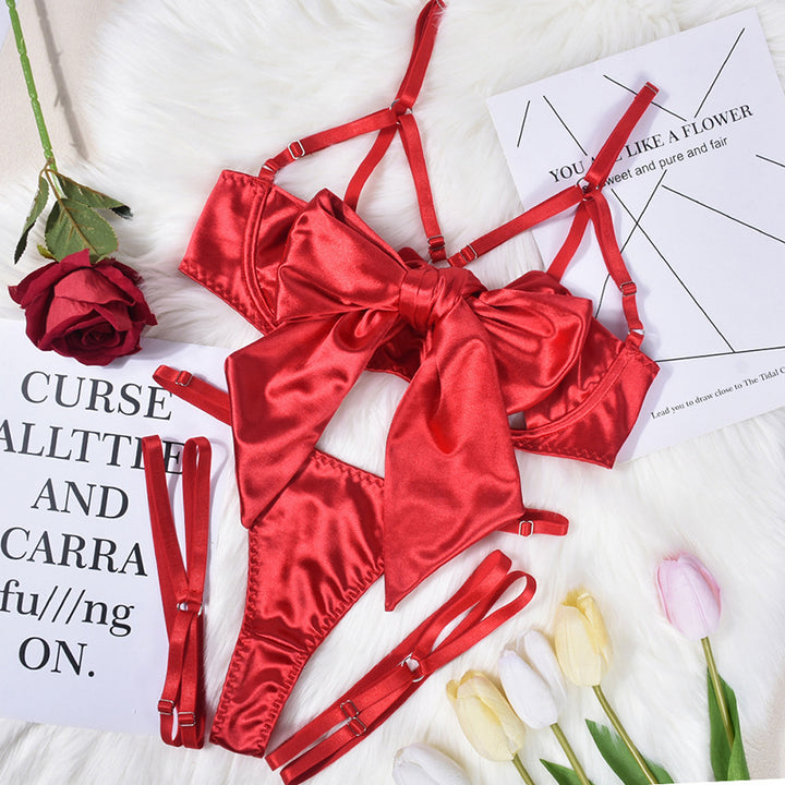 Sexy cut-out bow lingerie three-piece set