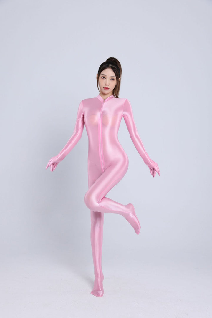 A smooth, silky double-zip bodysuit that covers the hands and feet.