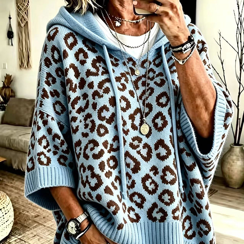Leopard-print hooded knit sweatshirt/jacket (loose fit)