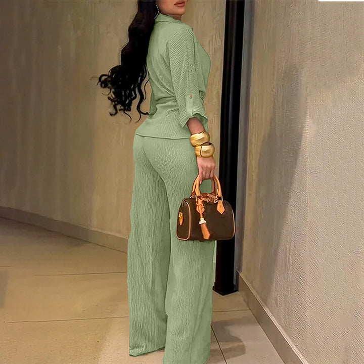 Women’s Collared Drawstring Top and Wide-Leg Pants Set