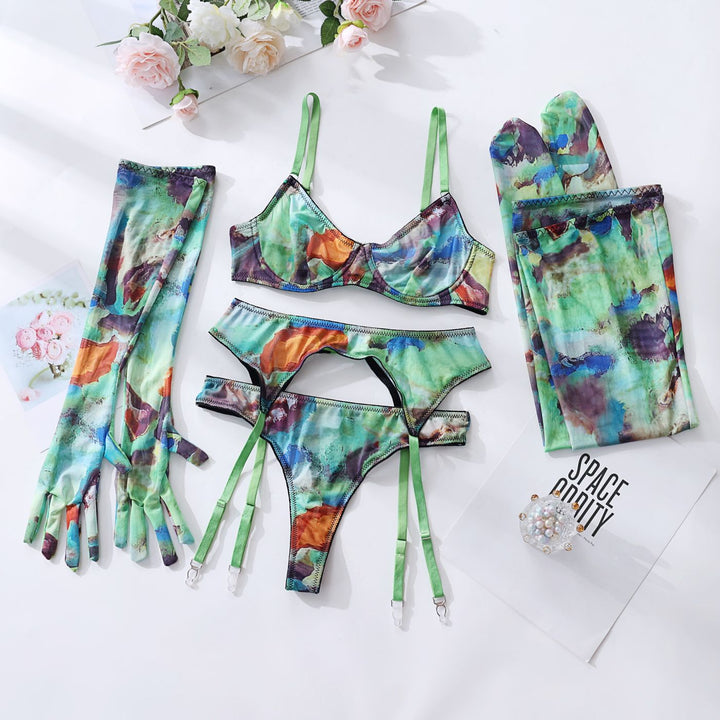 5-piece sexy lingerie set with gloves, stockings, and mesh print