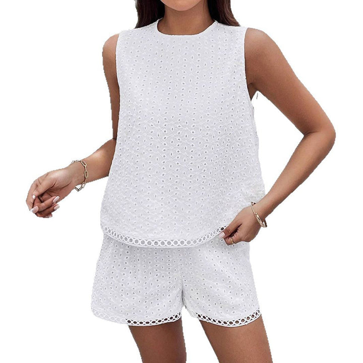 Solid-color backless embroidered tank top and shorts two-piece set