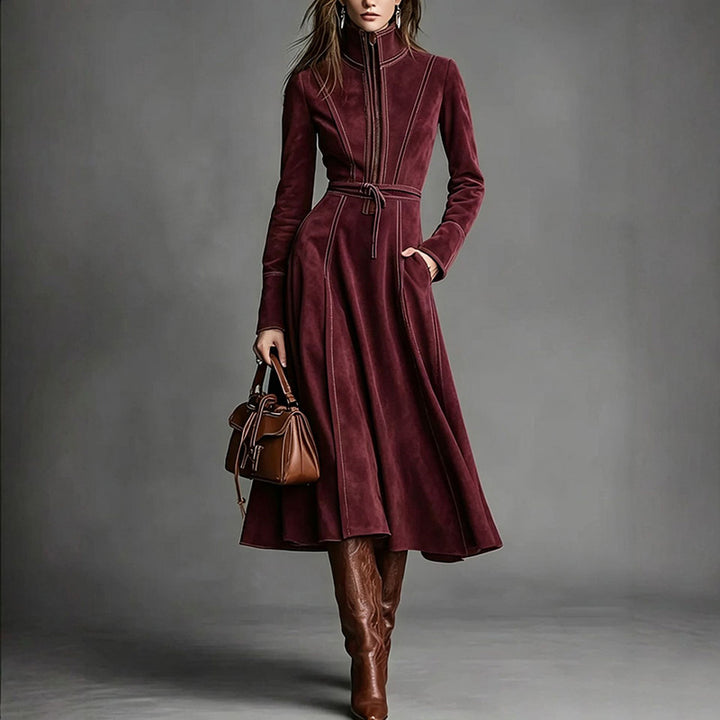 Elegant vintage-style faux suede zip-front maxi skirt