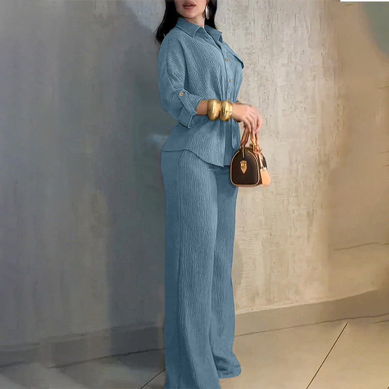 Women’s Collared Drawstring Top and Wide-Leg Pants Set