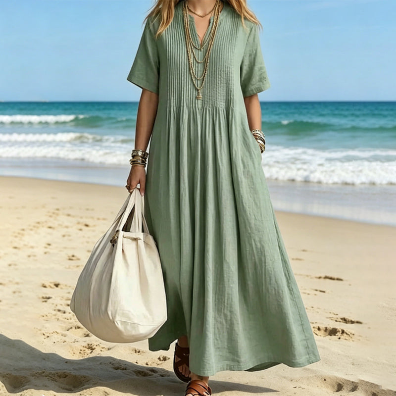 New Loose-Fit Cotton-Linen V-Neck Short-Sleeve Pleated Dress
