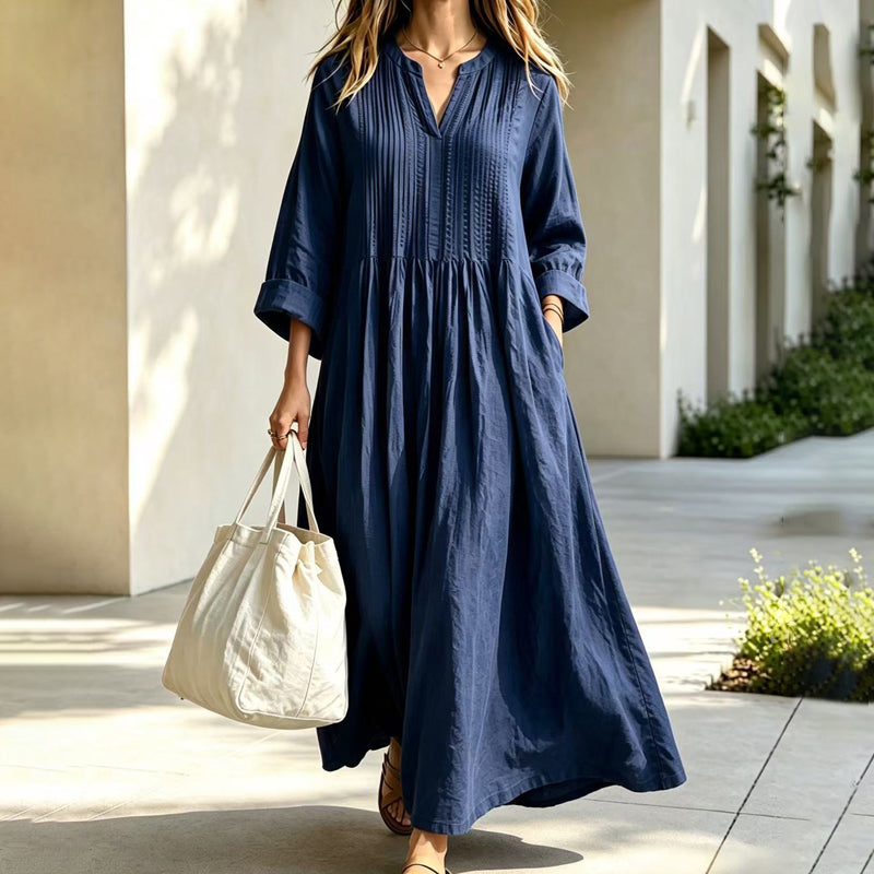 New Loose Casual V-Neck Long-Sleeve Pleated Dress