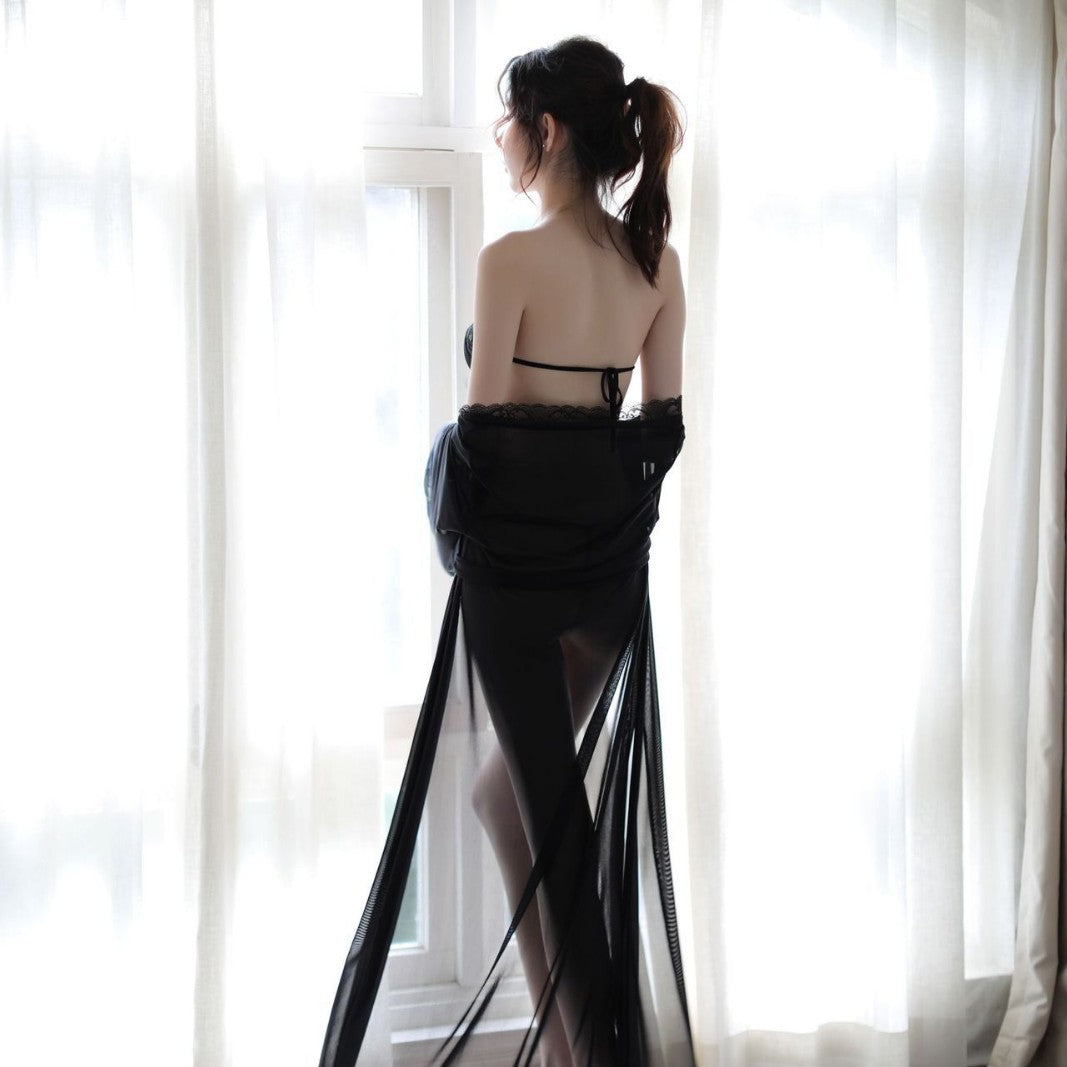 Sexy see-through maxi dress paired with lace suspender pajamas