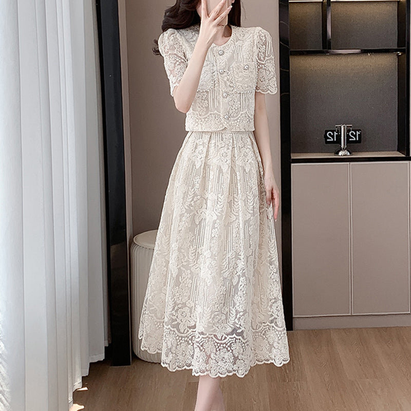 Beaded lace top and high-waisted, full-skirted midi skirt set