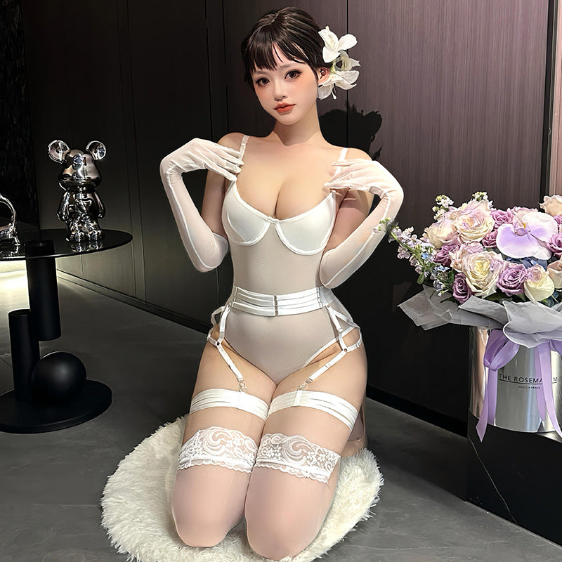 Strapped Mesh Lingerie Set – Sleek Bodysuit with Gloves