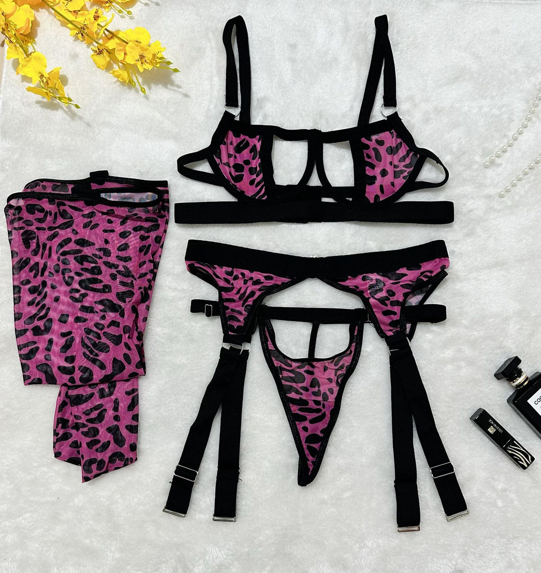 New Wild Leopard Print Lingerie Set + Stockings