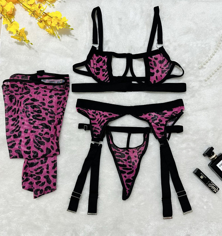 New Wild Leopard Print Lingerie Set + Stockings