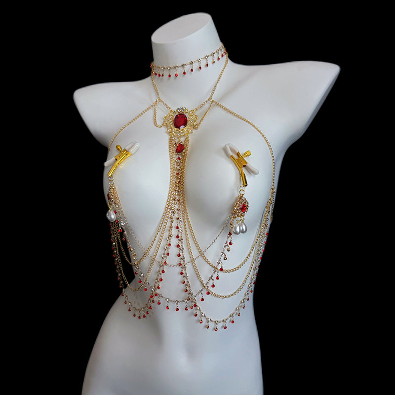 Red Multi-Layer Rhinestone Body Chain/Waist Chain