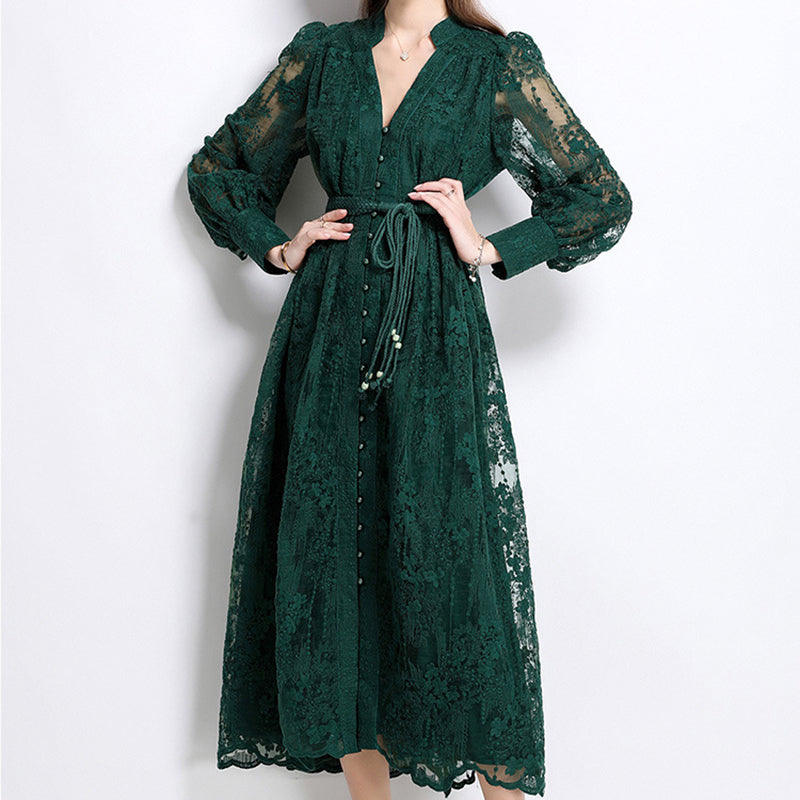French-style embroidered V-neck dress with lantern sleeves