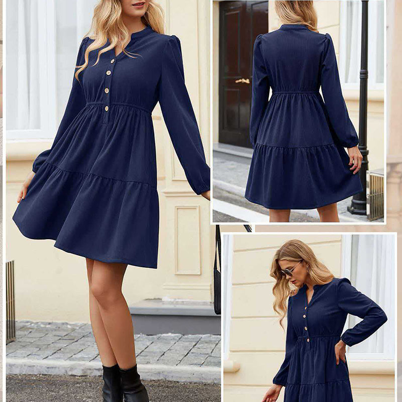 New Long-Sleeve V-Neck Corduroy Dress with Elastic Waist