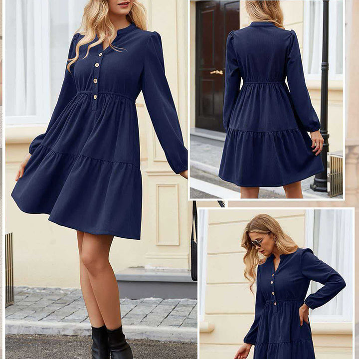New Long-Sleeve V-Neck Corduroy Dress with Elastic Waist