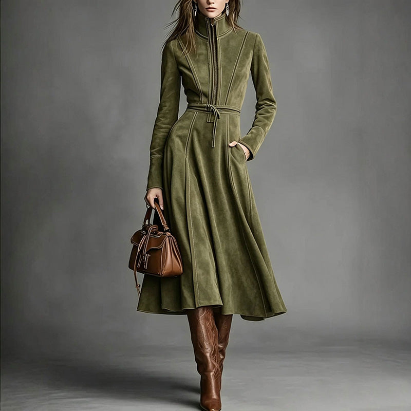 Elegant vintage-style faux suede zip-front maxi skirt