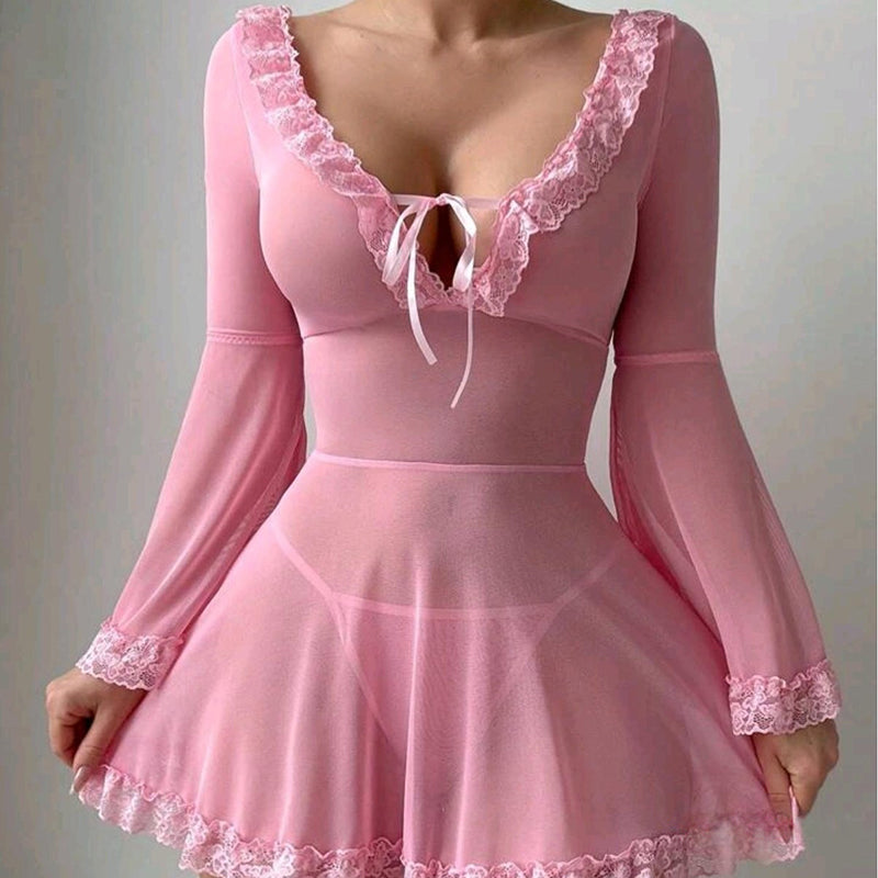 Sexy sheer mesh long-sleeve nightgown with tie-up detailing