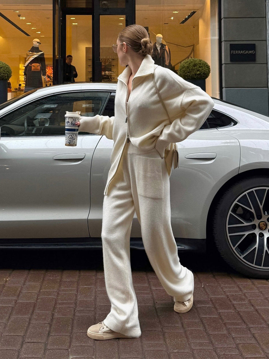 Collared knit top with two-way zipper and wide-leg trousers set