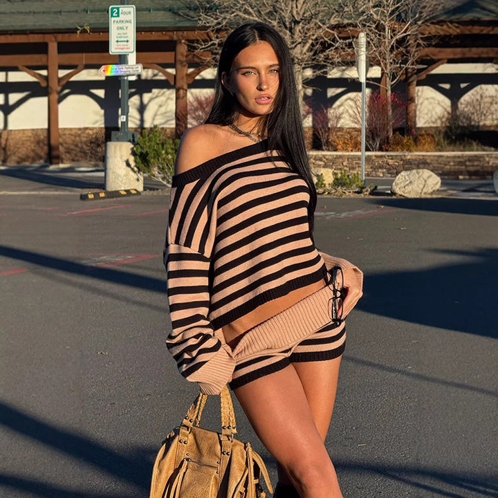 New Spring/Summer Solid-Color Sweater and Mini Skirt Set