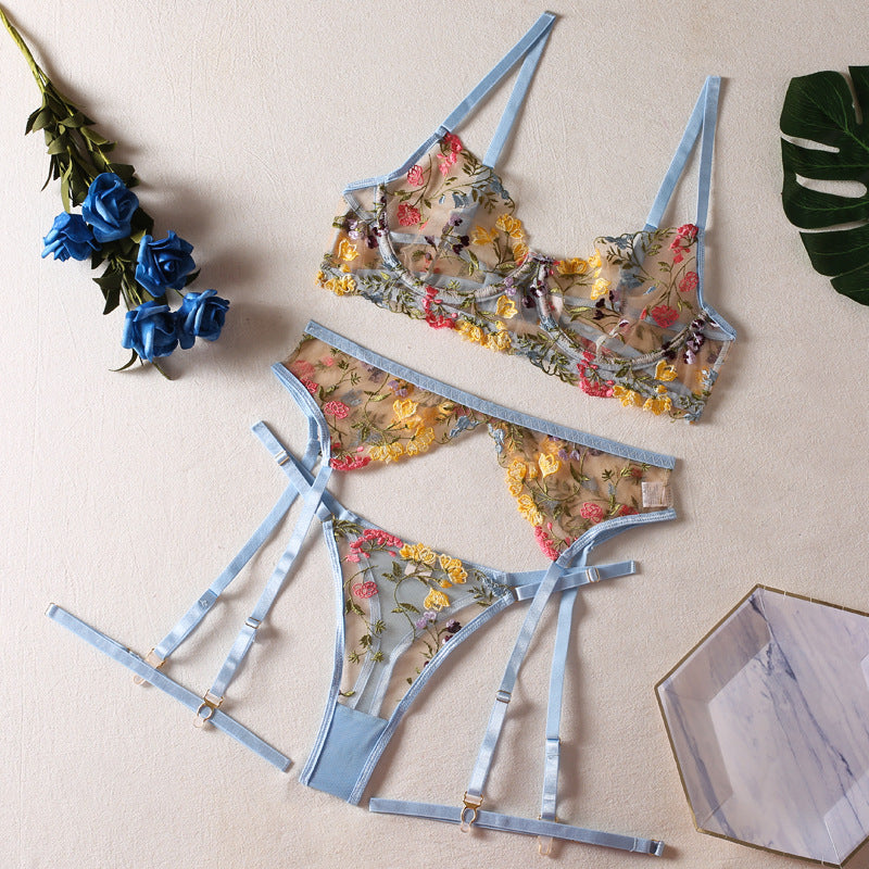 Sexy pastoral floral print lingerie three-piece set