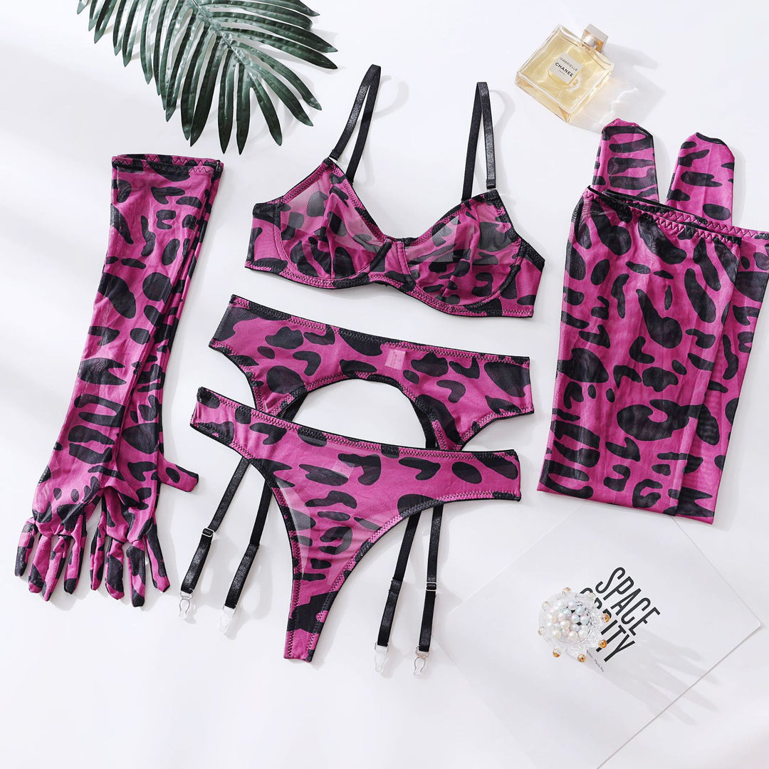5-piece sexy lingerie set with gloves, stockings, and mesh print