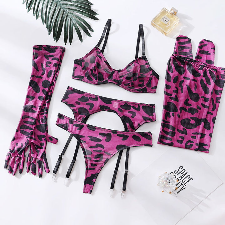 5-piece sexy lingerie set with gloves, stockings, and mesh print
