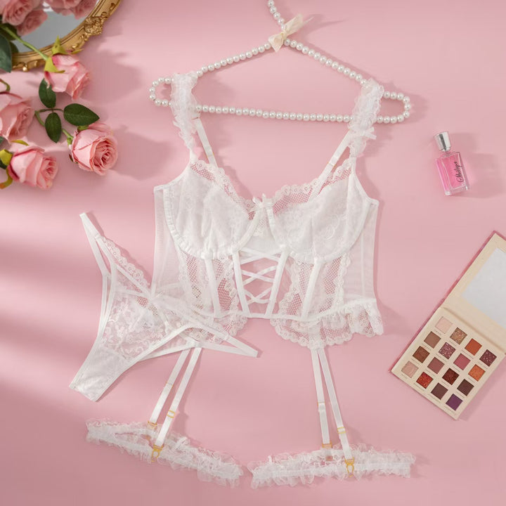 White lace backless bra, lace-trimmed camisole