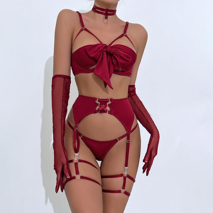 Sexy bowknot open-cup lingerie set