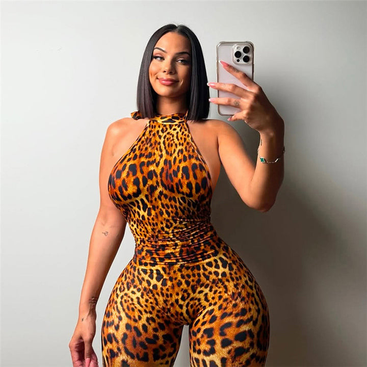 New leopard print tight-fitting backless jumpsuit