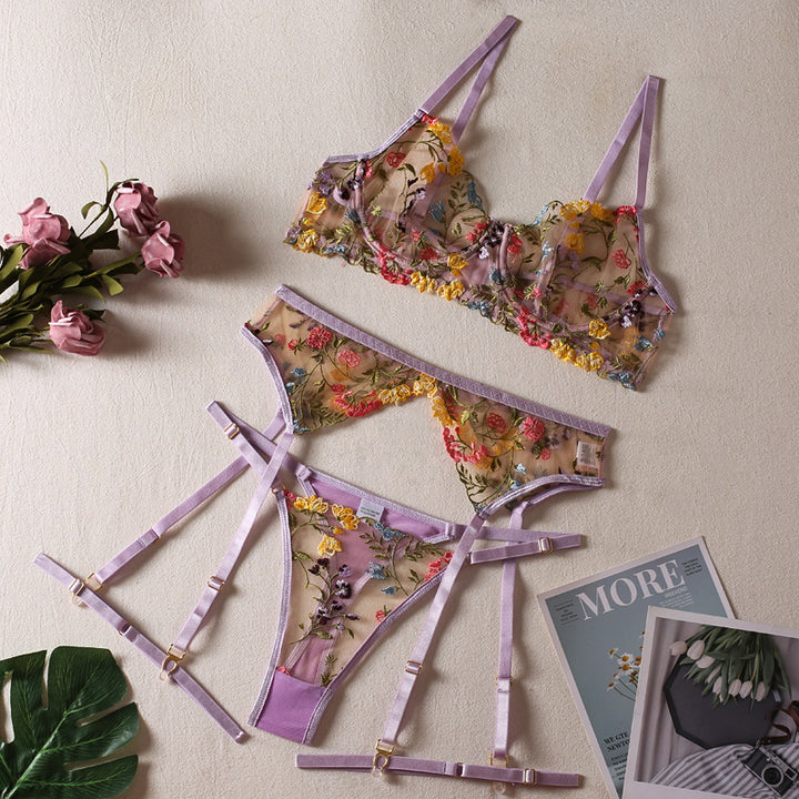 Sexy pastoral floral print lingerie three-piece set