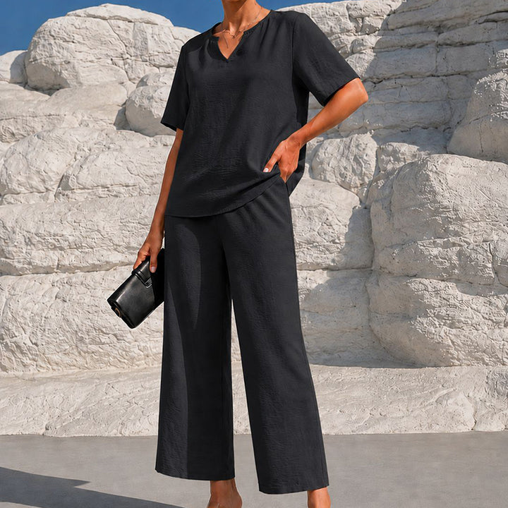 Solid-color V-neck short-sleeved top and cropped wide-leg pants set