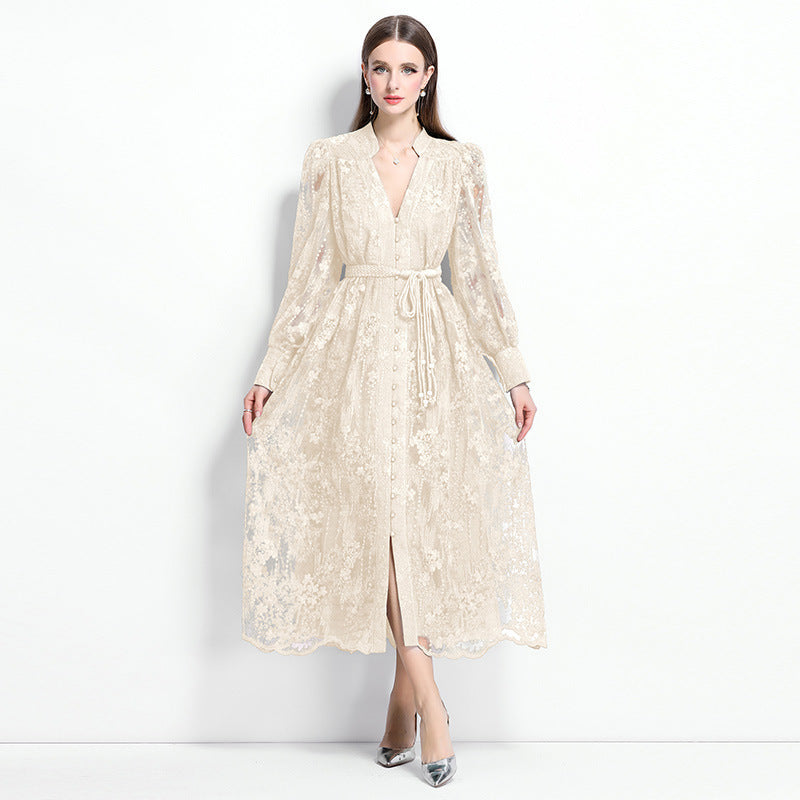 French-style embroidered V-neck dress with lantern sleeves