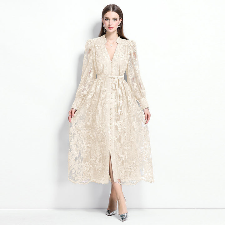 French-style embroidered V-neck dress with lantern sleeves
