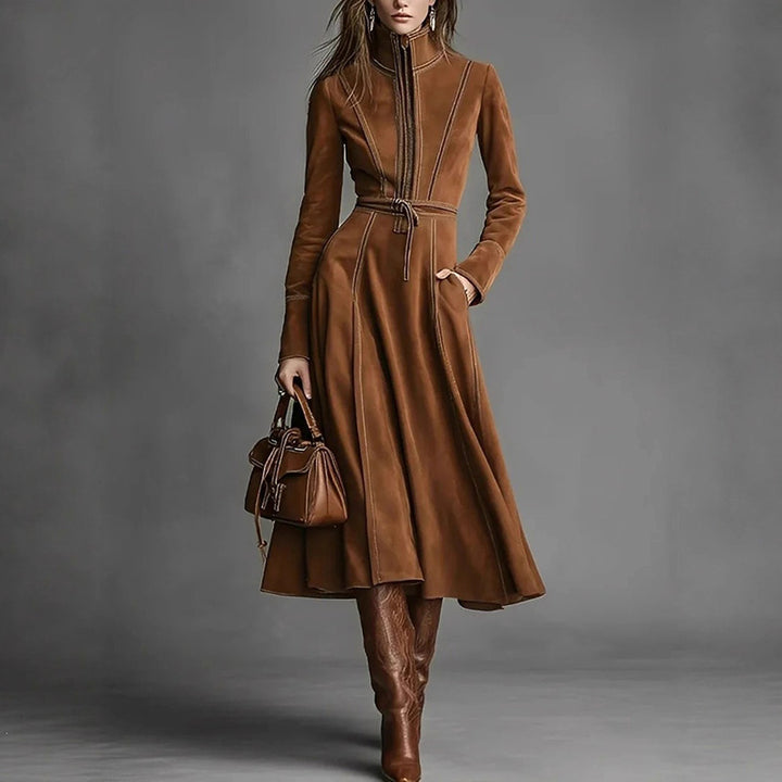 Elegant vintage-style faux suede zip-front maxi skirt