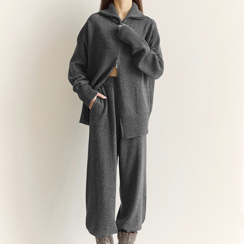 Collared knit top with two-way zipper and wide-leg trousers set