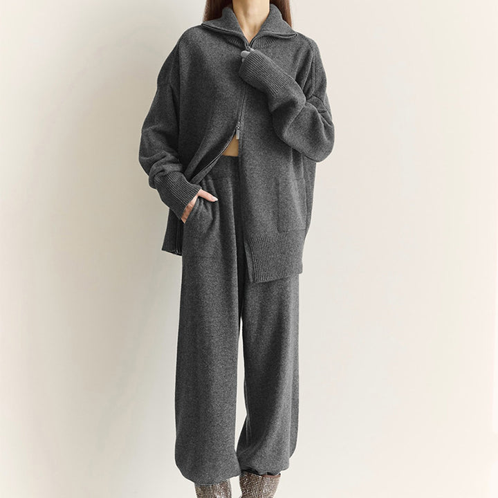 Collared knit top with two-way zipper and wide-leg trousers set