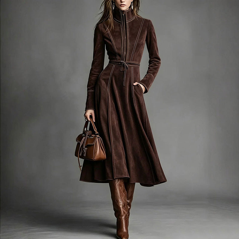Elegant vintage-style faux suede zip-front maxi skirt