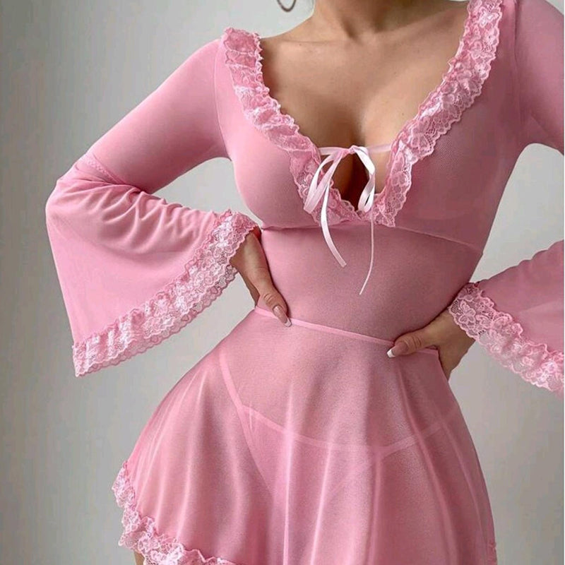 Sexy sheer mesh long-sleeve nightgown with tie-up detailing