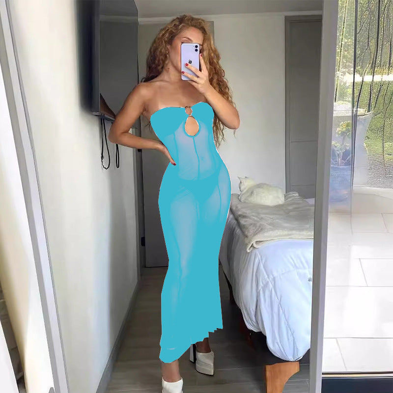 Trendy off-the-shoulder sexy sheer dress