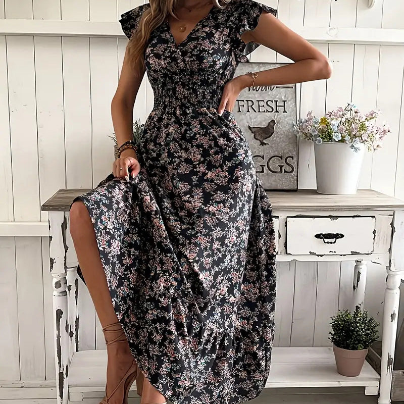 New Summer Stylish Floral Dress with a Full Skirt