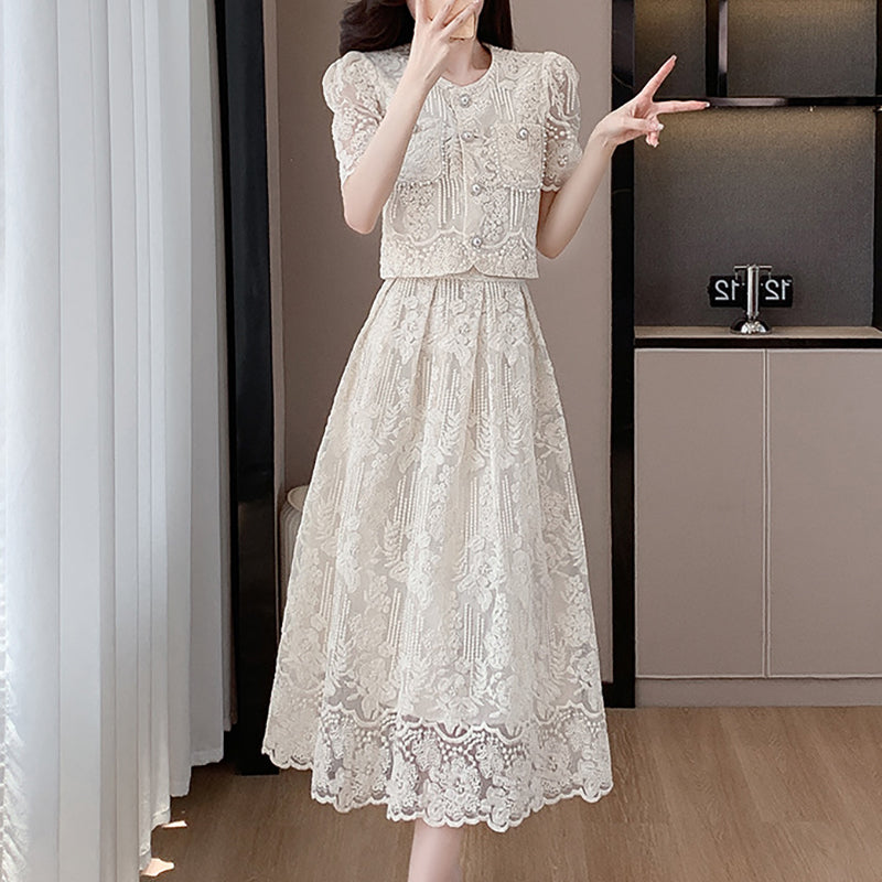 Beaded lace top and high-waisted, full-skirted midi skirt set