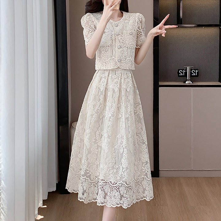 Beaded lace top and high-waisted, full-skirted midi skirt set