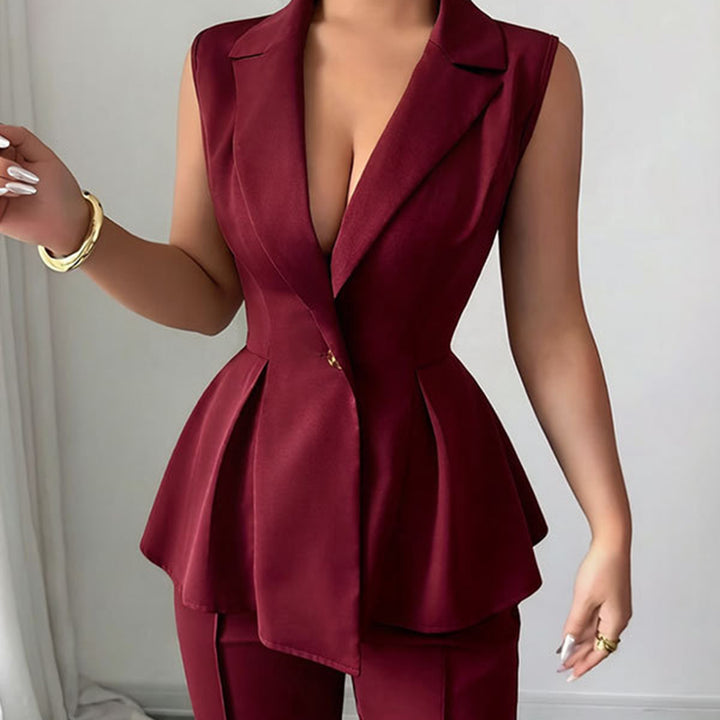 Stylish Deep V-Neck Sleeveless Pleated Top and Wide-Leg Pants Set