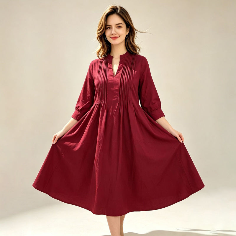 New French-style long-sleeved pleated dress