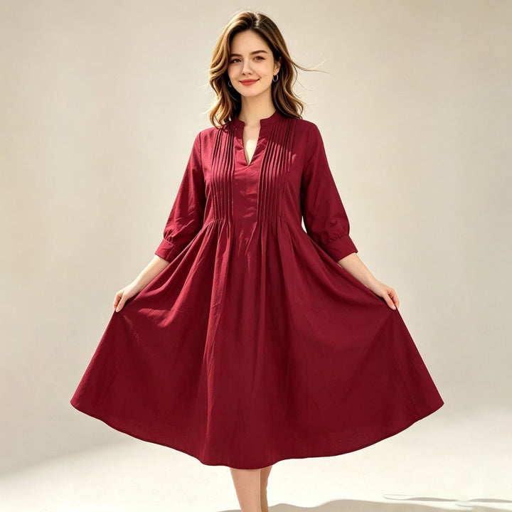 New French-style long-sleeved pleated dress