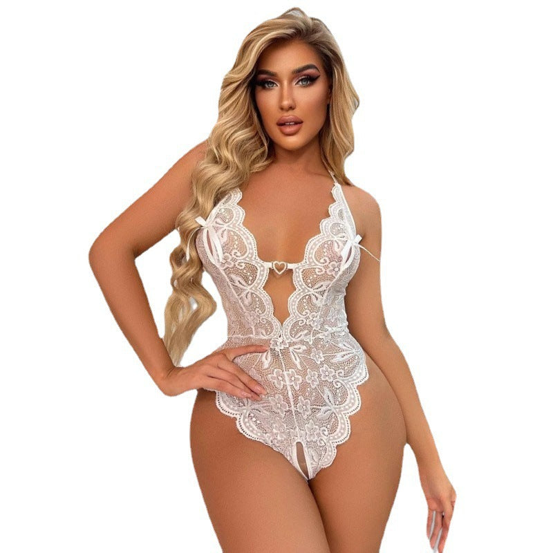 Sexy deep V crotchless one-piece pajamas