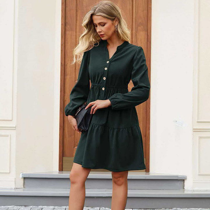 New Long-Sleeve V-Neck Corduroy Dress with Elastic Waist