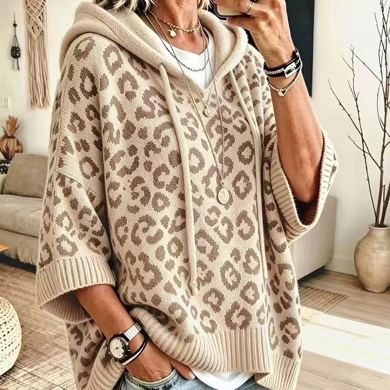 Leopard-print hooded knit sweatshirt/jacket (loose fit)